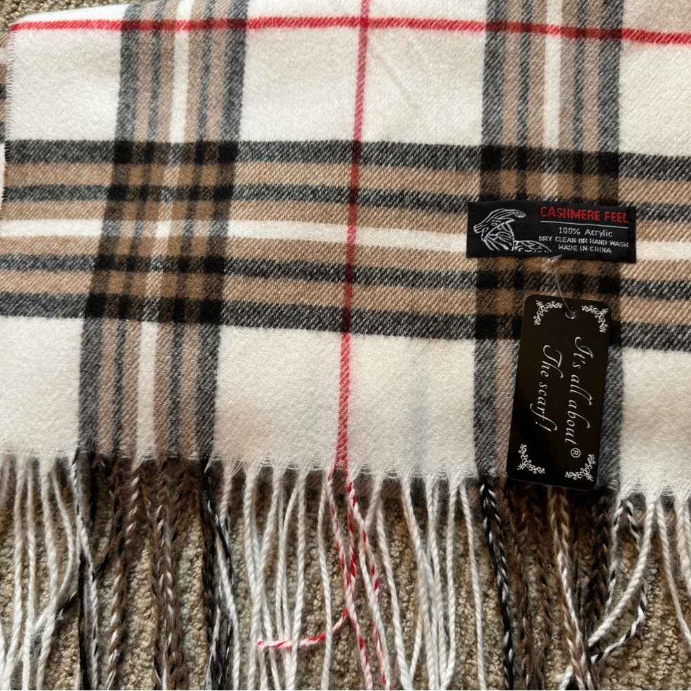 Plaid Cashmere Feel Scarf - Cream, Black, Red